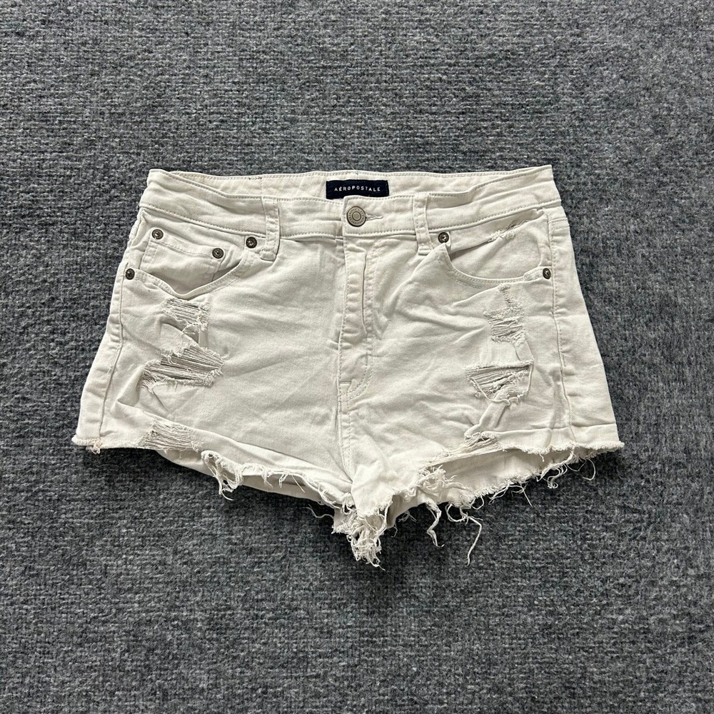 Aeropostale Shorts Womens Size 10 Cream Distressed Ripped Raw Hem Denim Cut Offs